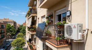 Panel solar de balcón o terraza con unidad exterior de aire acondicionado