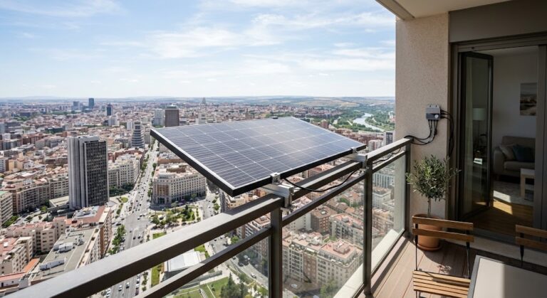 Panel solar de balcón o terraza en planta alta o ático con vientos fuertes