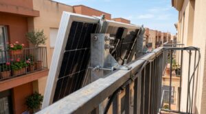 Placa solar colocada con anclajes en barandilla de balcón o terraza