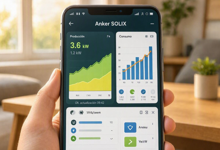 App Anker SOLIX Solarbank mostrando producción y consumo en tiempo real