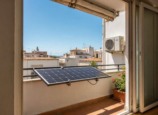 Panel solar de balcón o terraza junto a unidad exterior de aire acondicionado.
