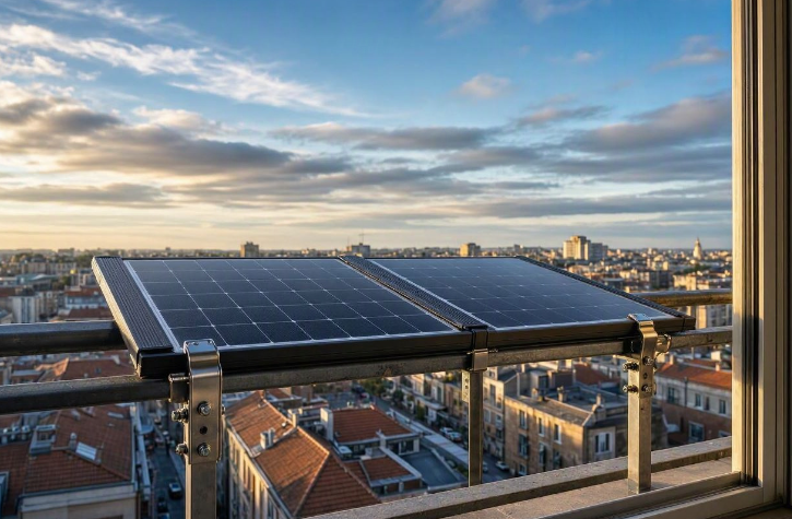 Panel solar de balcón instalado en un piso muy alto con anclaje reforzado