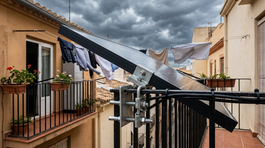 Panel solar de balcón sujeto con abrazaderas reforzadas en día de viento.
