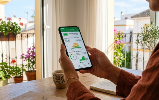 App de monitorización de batería solar de balcón mostrando producción diaria.